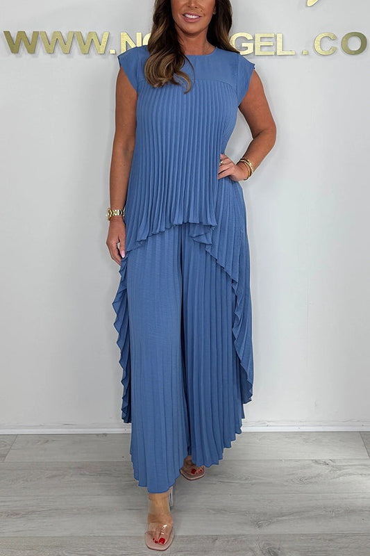 🔥Laney Pleated Short Sleeve Irregular Midi Top and Elastic Waist Wide Leg Pants Set✨